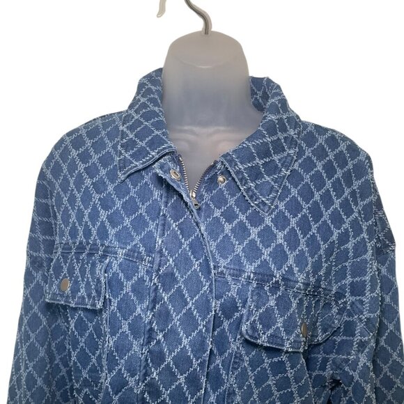 Marled Blue Cropped Denim Jacket XL Zip Front Geometric Pattern - Picture 4 of 5